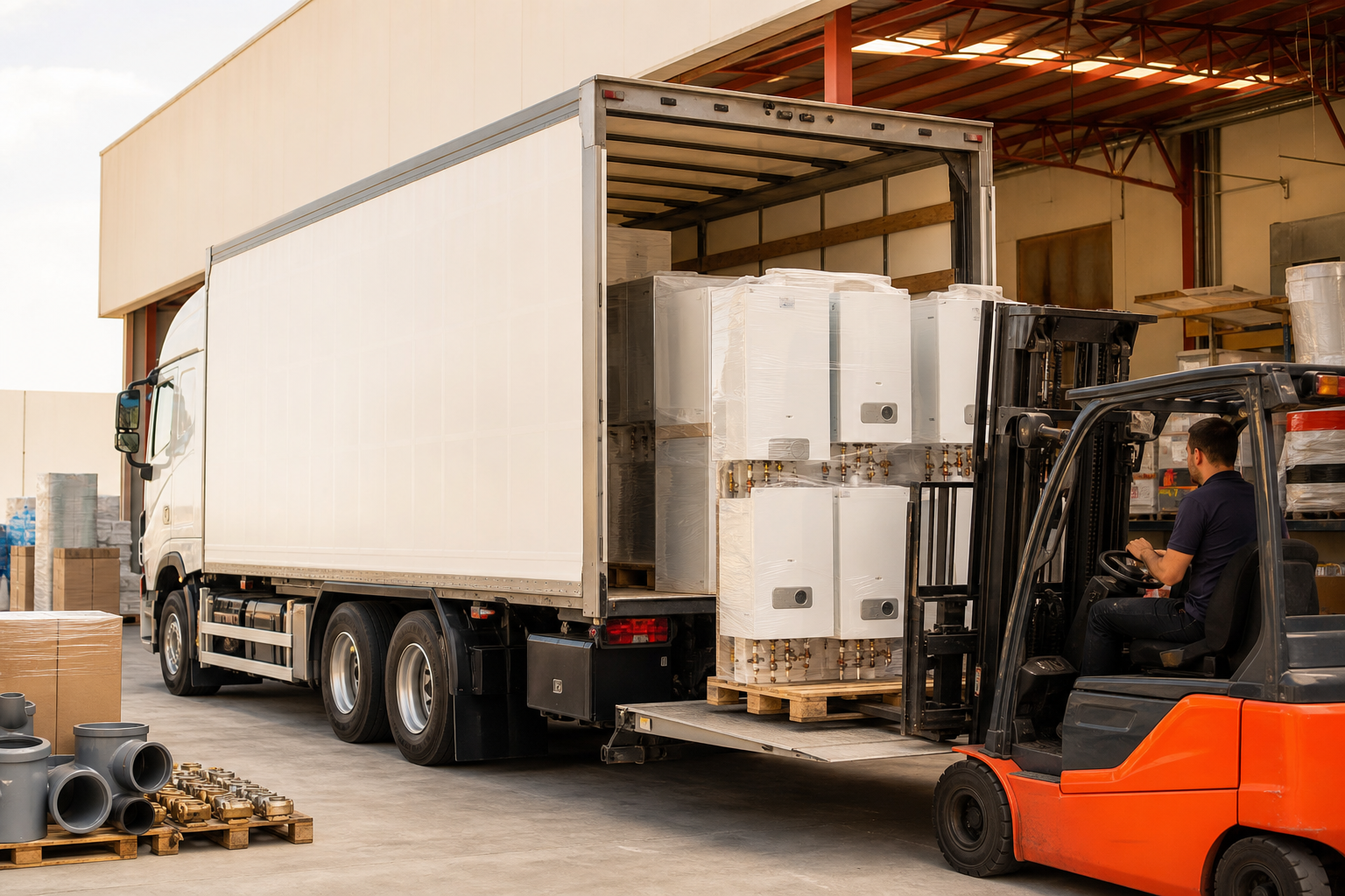 Wholesale delivery truck being loaded with plumbing and heating supplies
